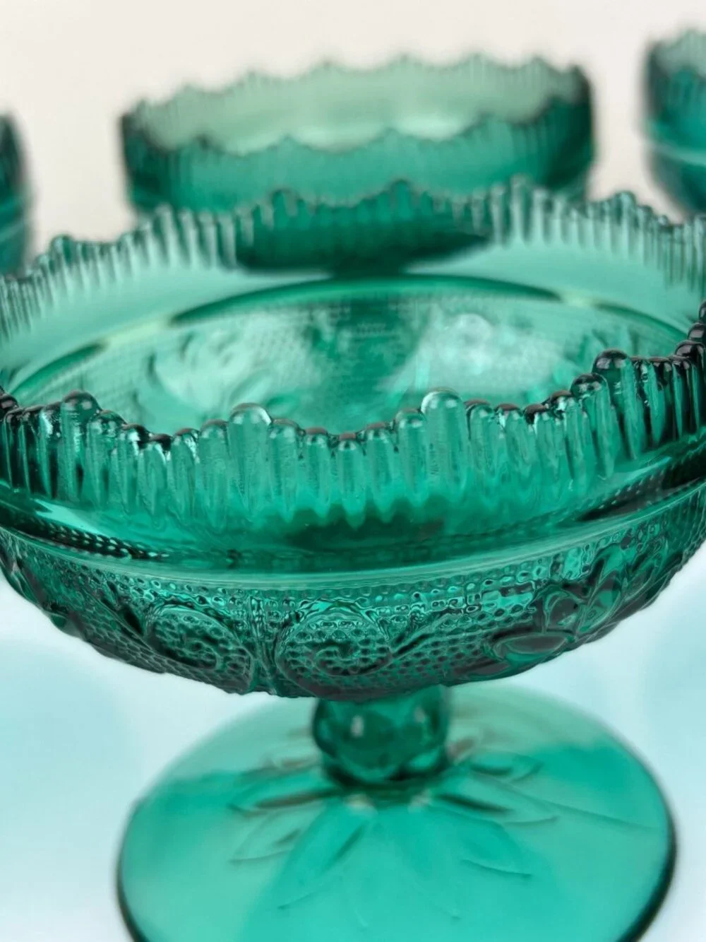 Tiara Indiana Green Glass Spruce Sherbet Compote Pedestal Bowls Cups Set of 6